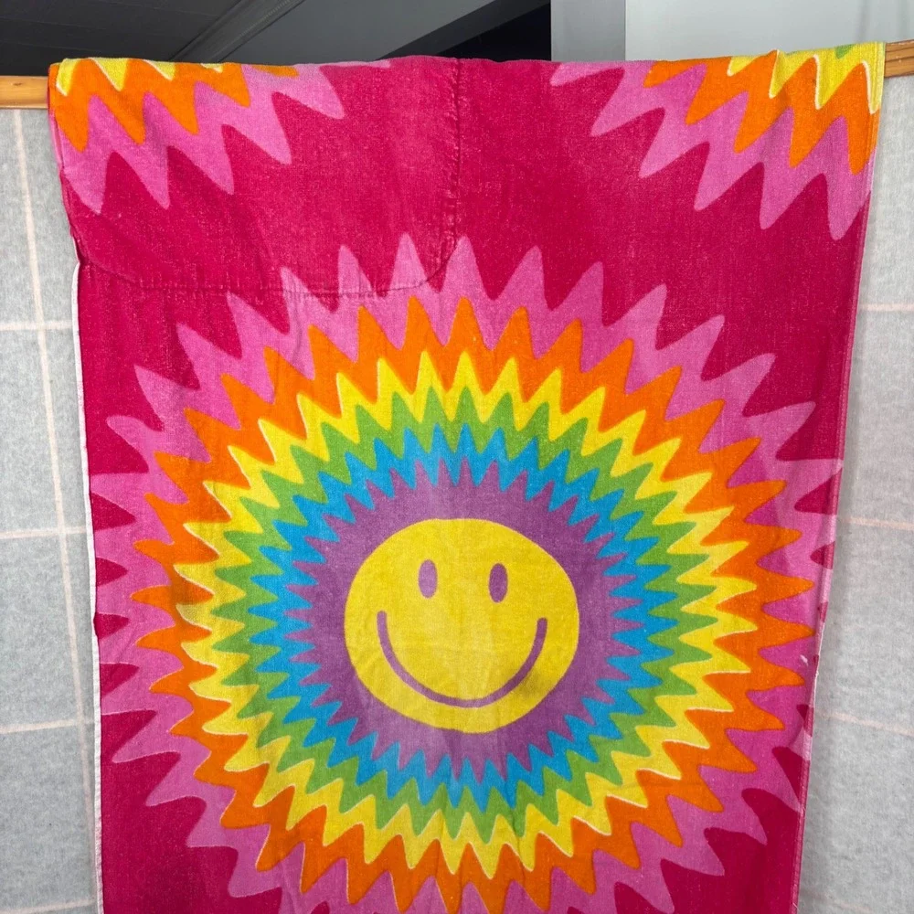 VTG Retro Groovy Rainbow Smiley Face Beach Towel Drawstring Bag‎ Pink 100 Cotton